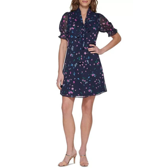 Dkny Petite Printed Tie-Neck Chiffon Dress Size 10 Petite Navy‎ Purple Floral - Picture 1 of 6